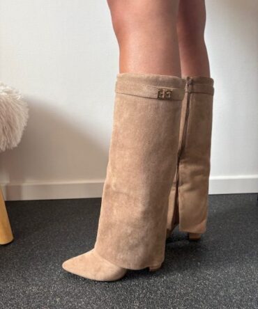 Beige suede knee boots
