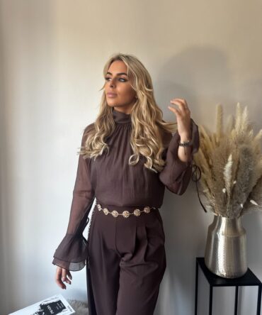Chocolate Brown Wide Leg Trousers with Gold Statement Belt